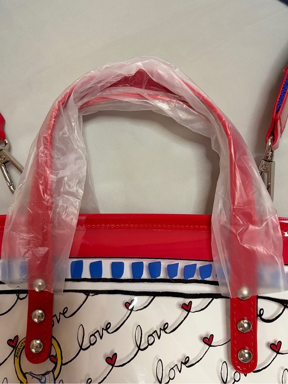 Brighton Striped Love Vinyl Tote Crossbody Bag Red Blue NWT - Picture 12 of 13